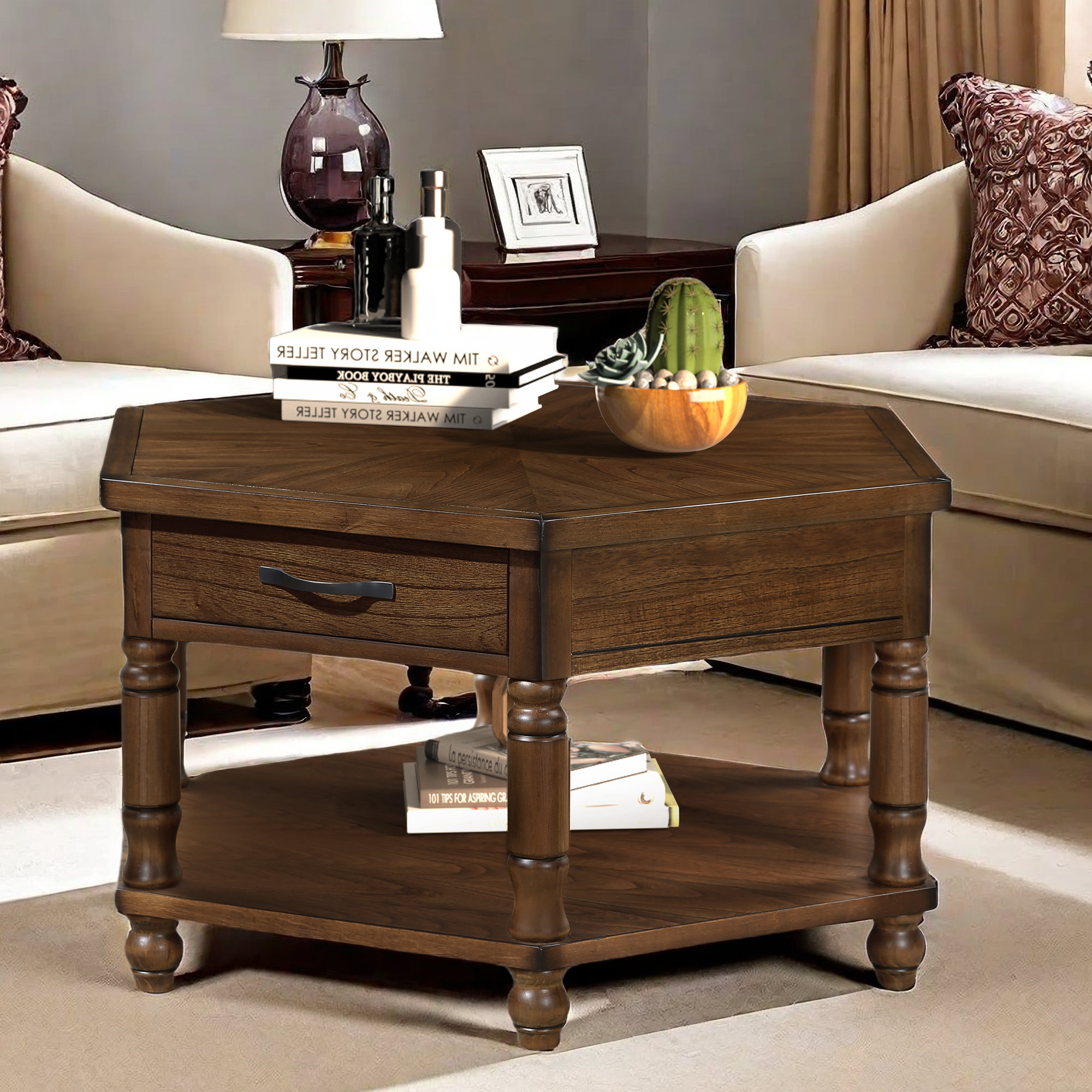 Alcott Hill® Degennaro Retro Hexagonal Coffee Table with Storage Shelf ...
