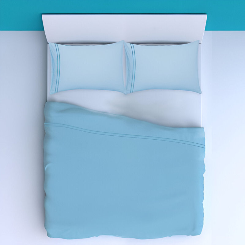 400TC Luxurious Double Embroidery Sateen Solid Cotton 4 Piece Sheet Set Fitted Sheet Fits Upto 16" Deep Pocket, Light Blue