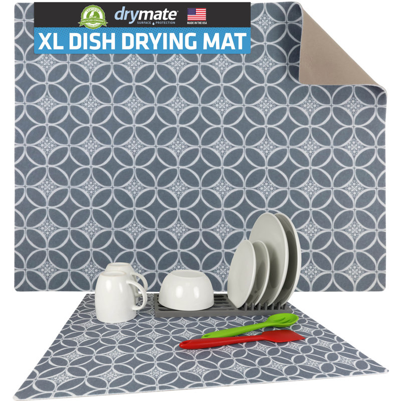 XL Dish Drying Mat, Kitchen Counter Drip Pad - Absorbent, Waterproof, Slip-Resistant, Machine Washable (19" x 24") (Indigo Grey) (USA Made)