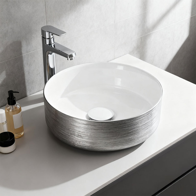 Metro Lane 310mm L x 310mm W Glossy Ceramic Circular Sink, Glossy Silver