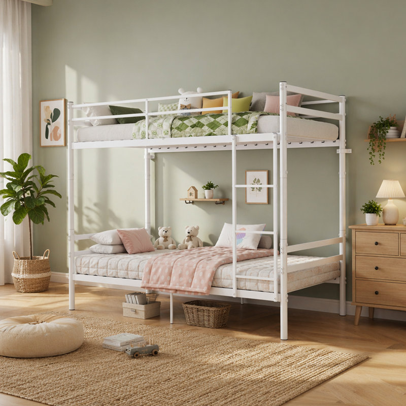 Lit superposé avec échelle et lit superposé en métal à garde-corps haut, espace de rangement, silencieux, taille simple sur simple, blanc