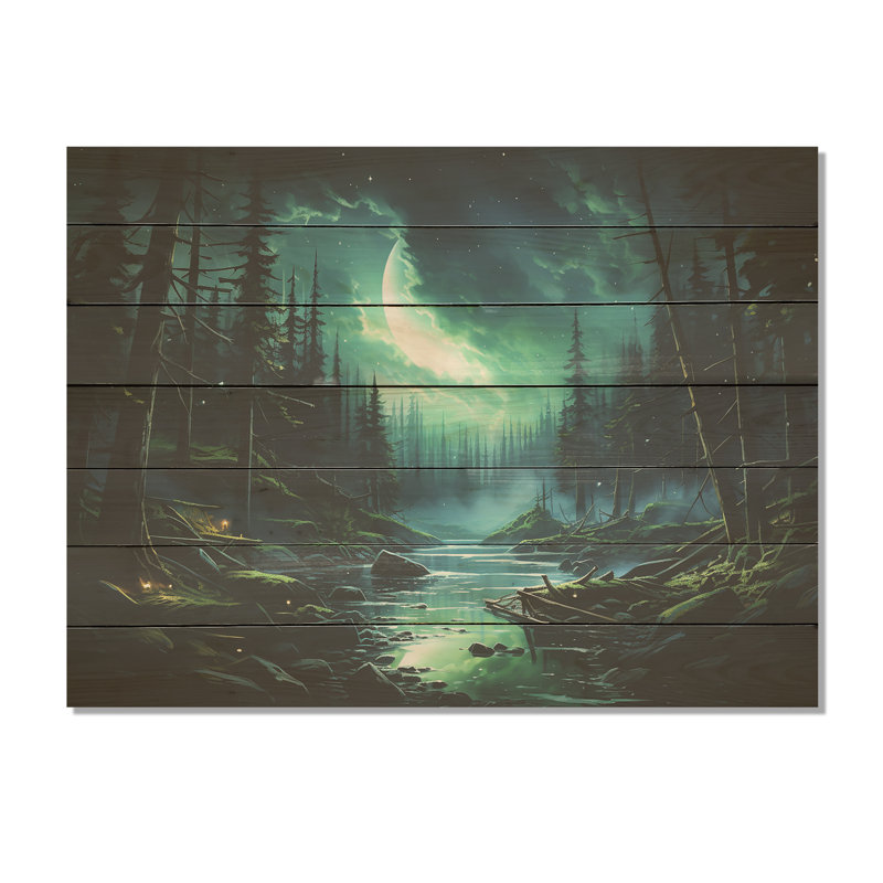 Northern Lights Forest Dreams II - Forêt et rivière sur bois, H 30 po x l 40 po x P 0,78 po