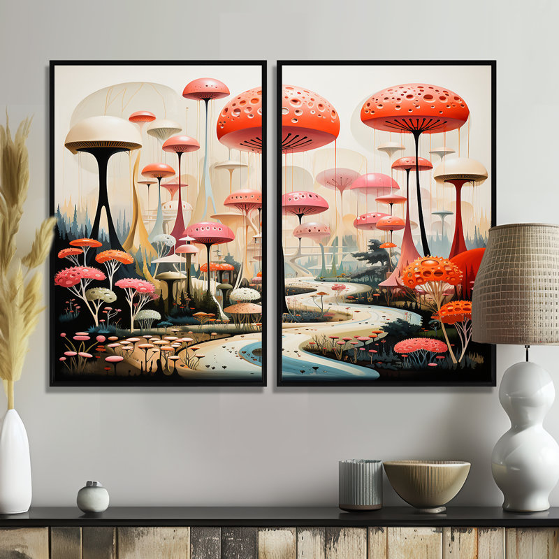 Colourful Mid Century Midcentury Mushroom Dreams II - Multi-Colour Art Prints On Canvas, Black, 36" H x 48" W
