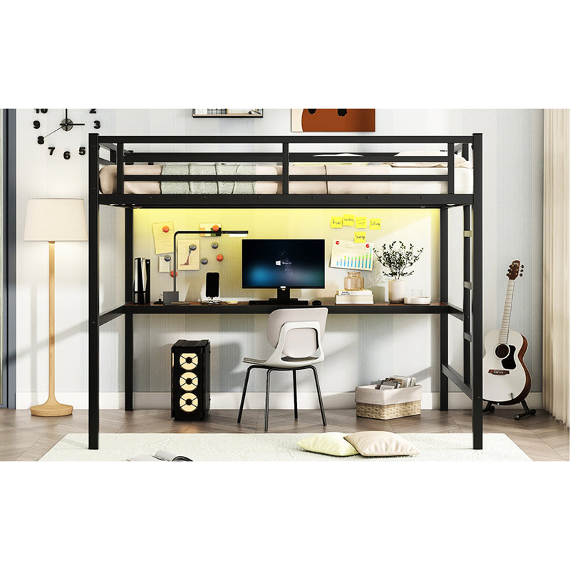 Lit mezzanine en métal avec bureau, connecteur d'alimentation, économiseur d'espace à DEL, réducteur de bruit, élément de design noir pleine puissance, lumières relaxantes
