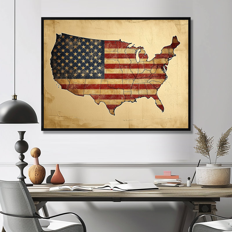 Art mural sur toile Laakkonen, drapeau rétro et carte des États-Unis, Noir, H 12 po x l 20 po, Floater Framed
