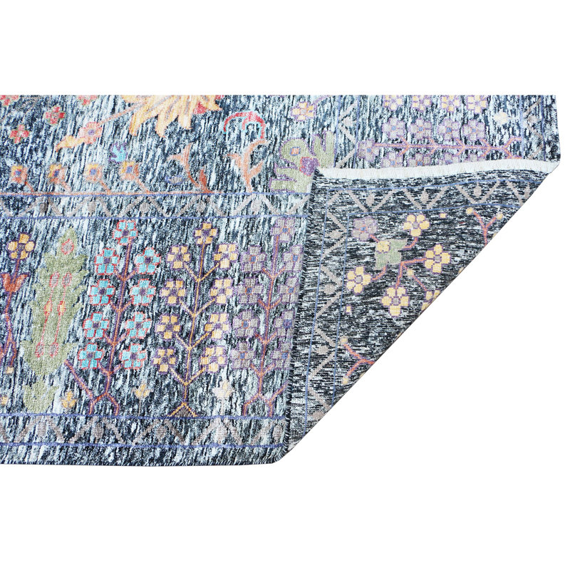 Hand Knotted Oriental Area Rug in Black/Green/Orange/Blue, Rectangle 9' x 12'