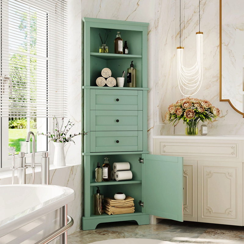 Armoire haute triangulaire avec 3 tiroirs et tablettes réglables pour la salle de bain, la cuisine ou le salon, panneau de fibres à densité moyenne avec finition peinte