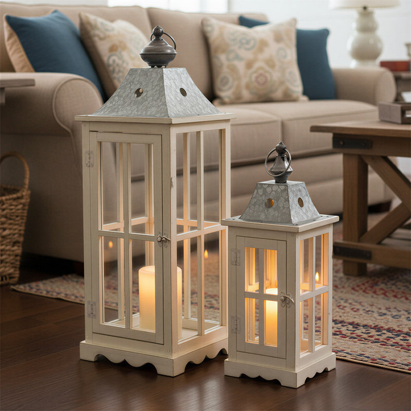 Ensemble de 2 lanternes en bois et en verre, ensemble de lanternes en bois rustique pour décoration intérieure et extérieure