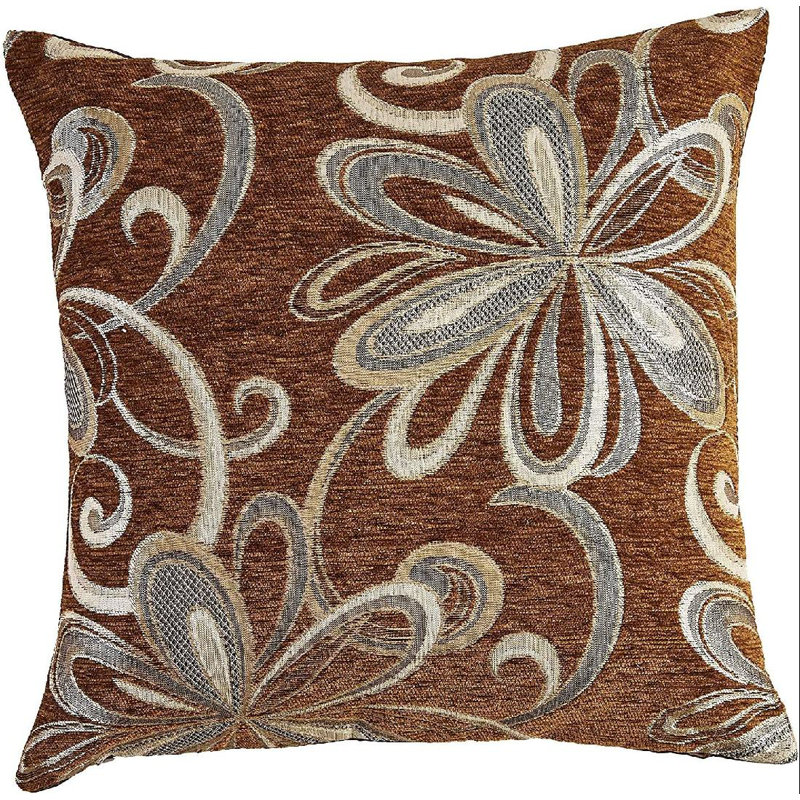 Brown Floral Embroidered Linen Square Throw Pillow