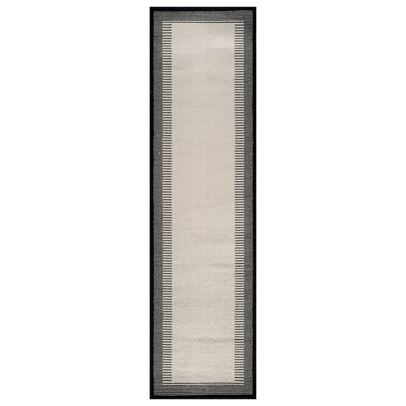 Tapis moderne à motif abstrait à bordure douce, Crème/noir, Tapis de couloir 2 pi 2 po x 12 pi