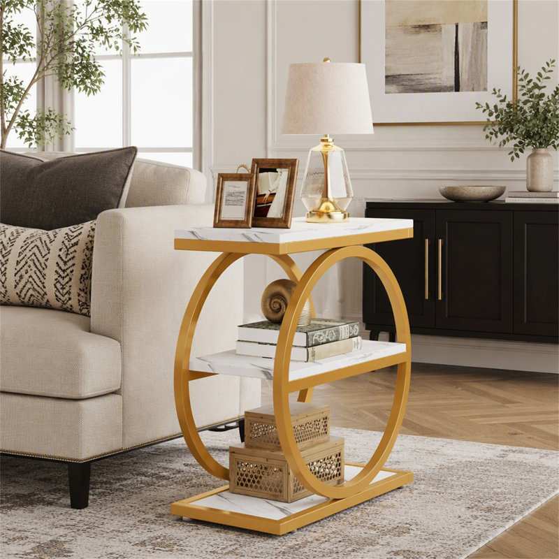 Table de bout à 3 niveaux, table d'appoint industrielle avec structure ronde en métal, Blanc / doré, Blanc, Gold
