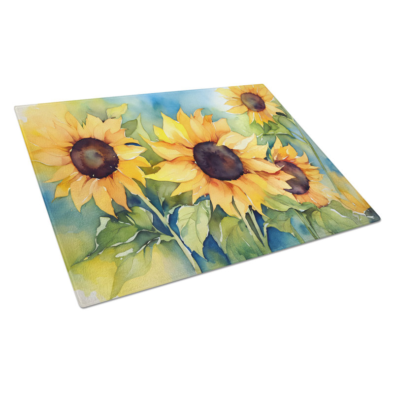 Large Tempered Glass Cutting Board with Sunflower Watercolor Design