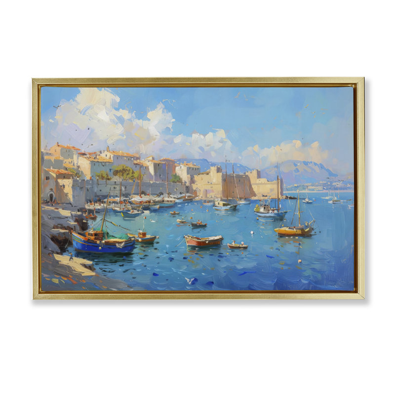 Nautical Harbor Coastal Town Floating Frame, design by LSR Design Studio, 21" H x 31" W, Metallic Gold Floater Frame