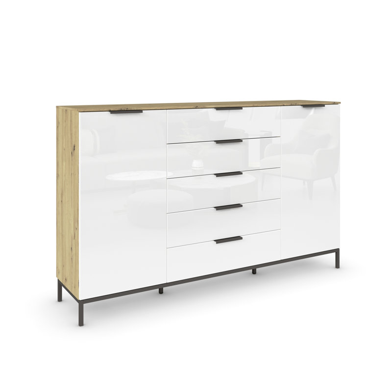 5 - Drawer Chest of Drawers, Artisan Oak/White Glass/Graphite
