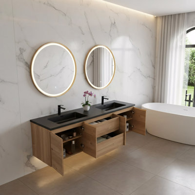 Paza 72 po L x 19 po P 4 portes et 2 tiroirs Meuble-lavabo mural avec évier double et Comptoir en Quartz noir d'ingénierie