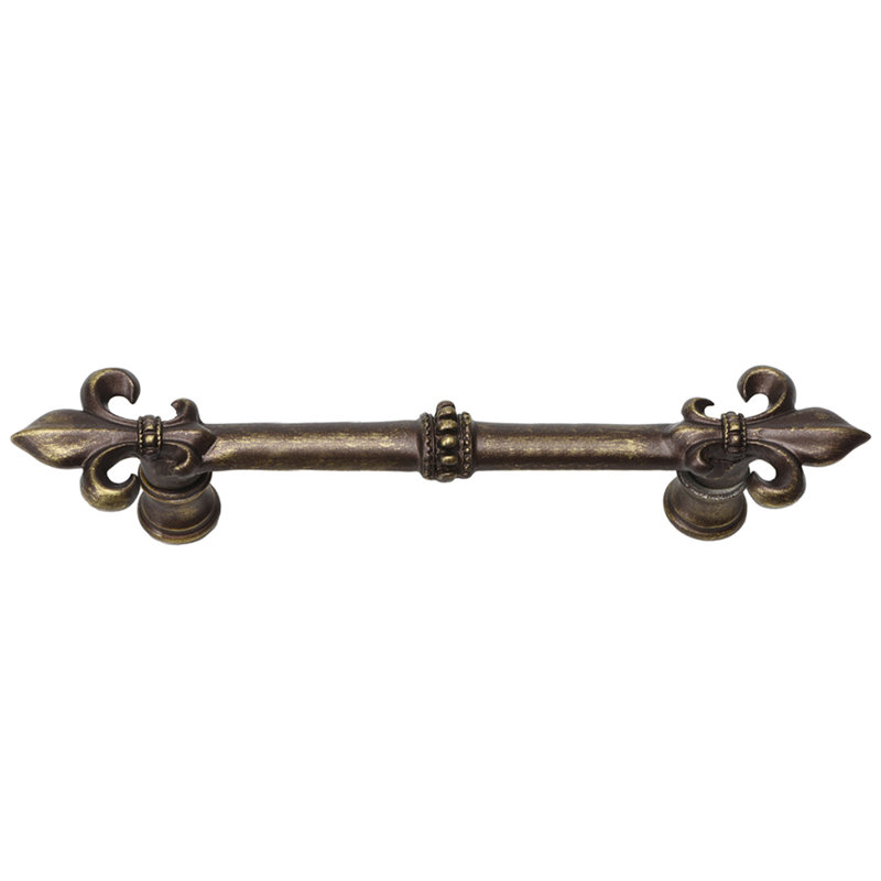 Charlemagne 4 inches c.c. pull with large Fleur De Lysin Satin, 5", Antique Brass