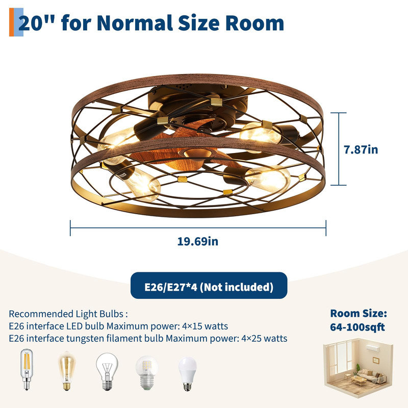 19" Caged Ceiling Fan with Light & Remote, 6-Speed Reversible Motor, Timer Setting, Flush Mount for Bedroom & Kitchen