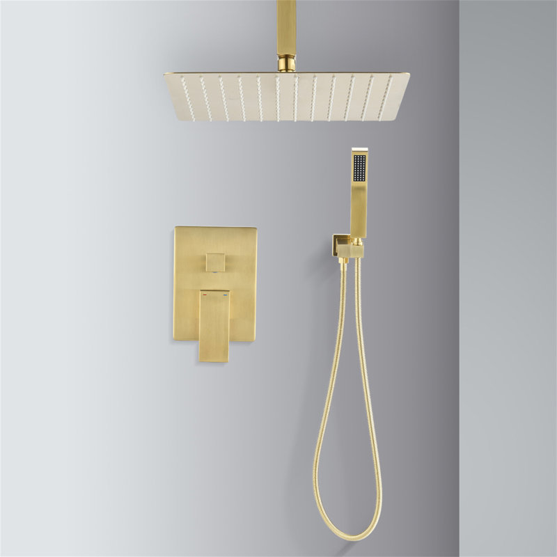 Ceiling Mounted Shower System Combo Set With Handheld And 12"Shower Head, Gold