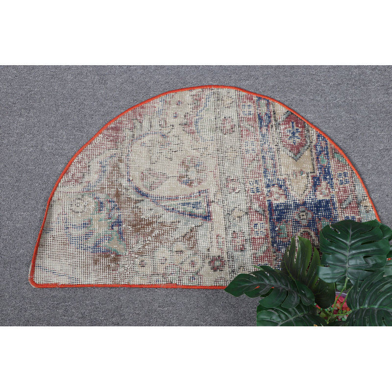 Small Round Beige Turkish Vintage Antique Rug Ideal For Bathroom Or Entryway With Colorful Detailing