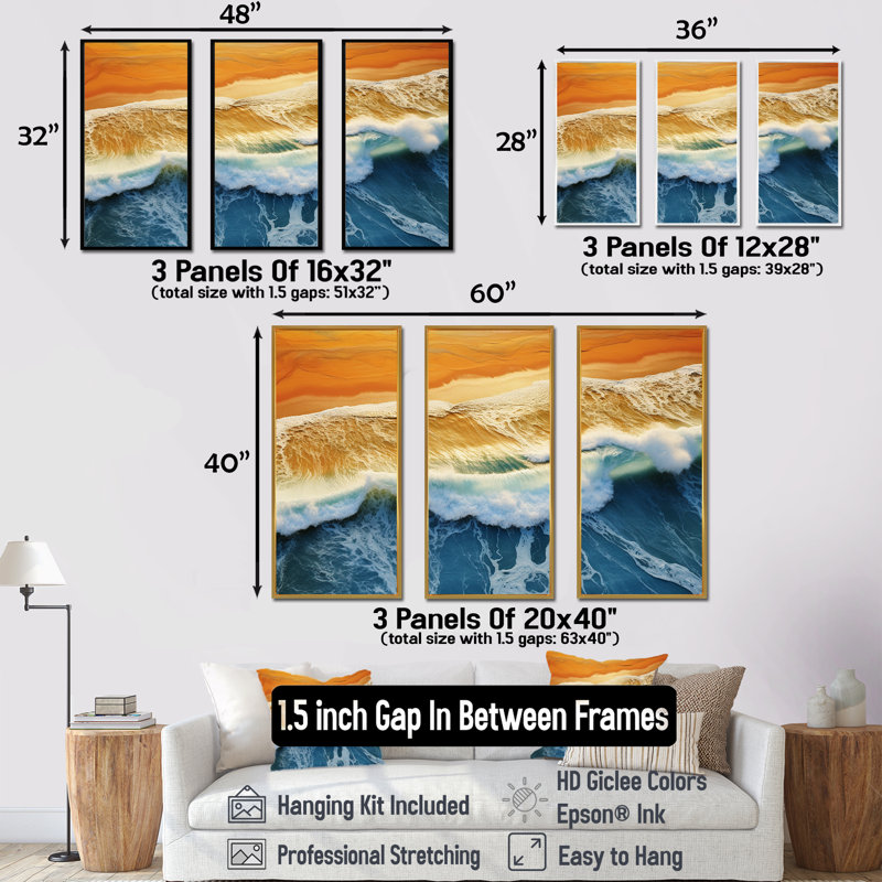 Vue aérienne de la plage bleue et orange II - art mural plage, Cadre flottant blanc, H 28 po x l 36 po x P 1 po