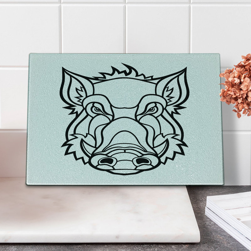 Ambesonne Razorback Tempered Glass Cutting Board Uncolored Wild BoarHead Charcoal Grey and White