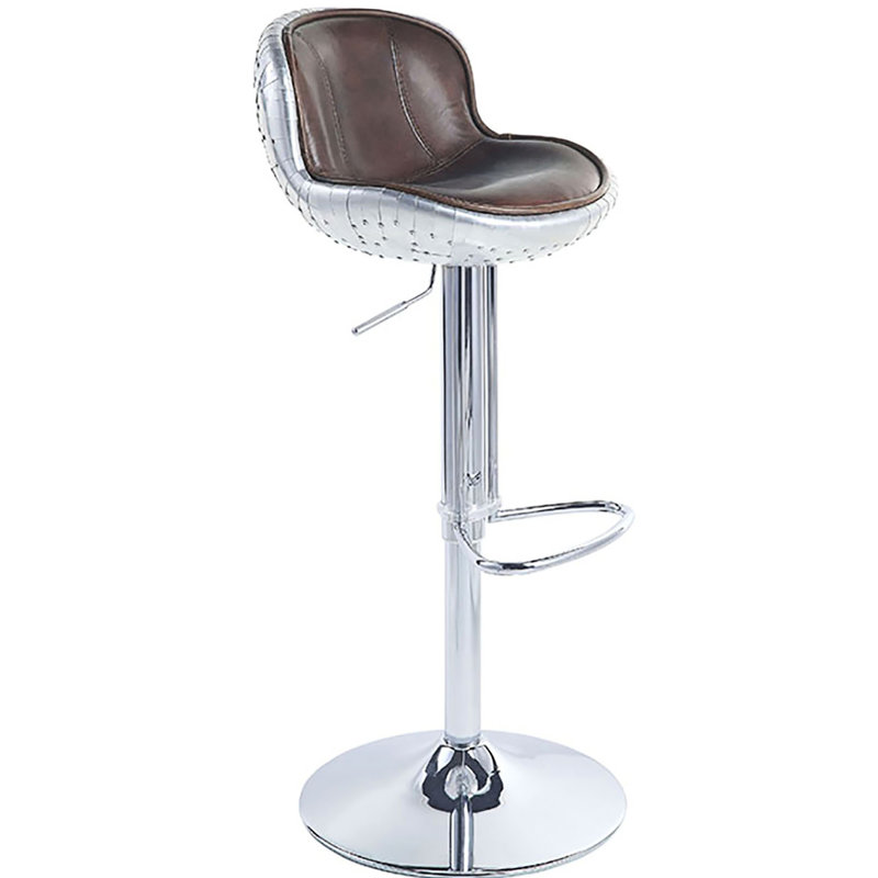 Tabouret en cuir brun avec hauteur réglable et - Style rétro, patchwork d'aluminium, fabrication en métal avec base stable