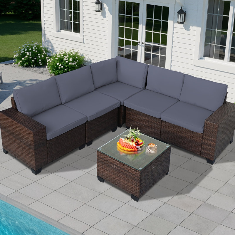 Outdoor Patio Furniture Set, 6pcs Wicker Sectional Sofa And Coffee Table, Plush Cushions, Rattan Patio Set For Porch, Garden, Or Backyard  - Patio Furniture Outdoor