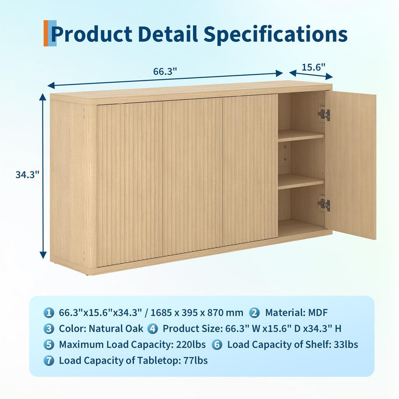 Modern Fluted Credenza Buffet Cabinet with Adjustable Shelves, Storage Sideboard for Dining Living Room Entryway Hallway