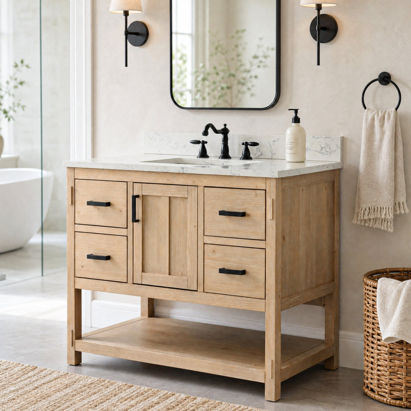 Meuble-lavabo simple autoportant de 42 po avec plateau en pierre d'ingénierie Marissa, Teak White Rustic