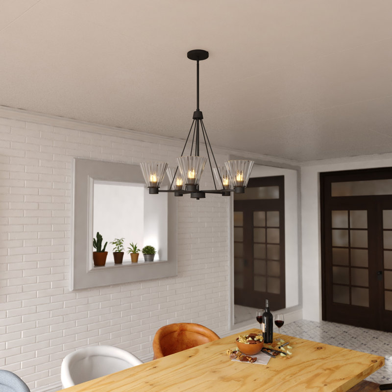 Dalton 5-Light 25.5 In. Wide Matte Black Transitional Round Chandelier With Clear Ribbed Glass Shade, LED Compatible, Adjustable Height, Hanging Ceiling Pendant Fixture For Dining Table Kitchen Entryway Bedroom Island Foyer