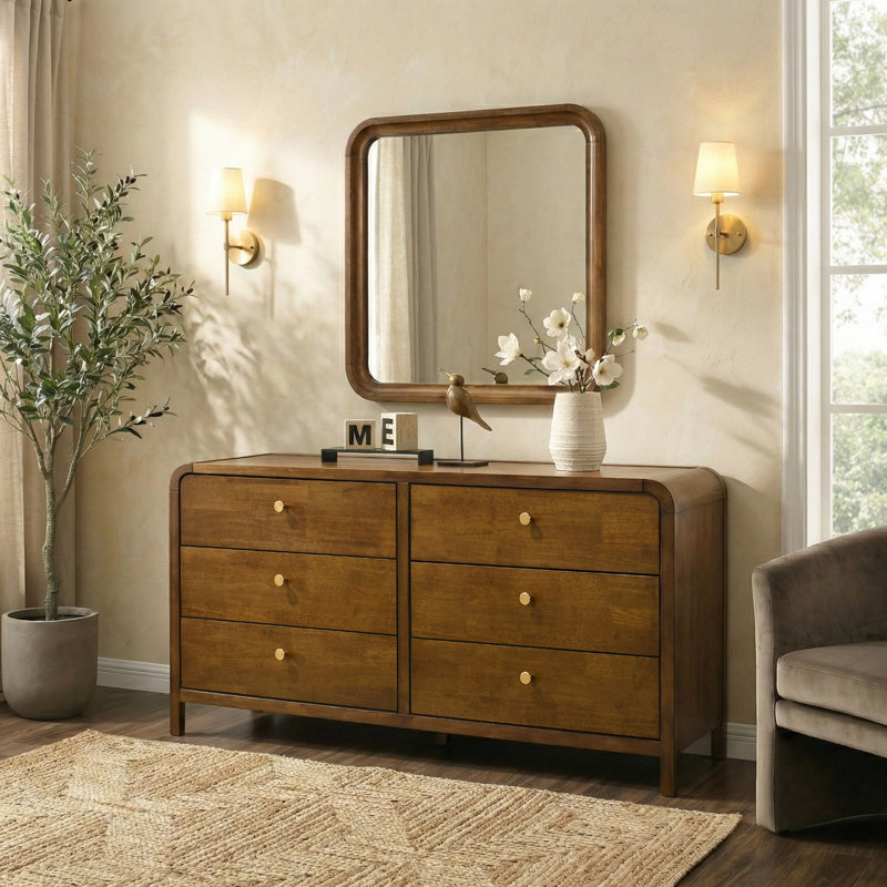 Ellum Wood Bedroom Set, King Platform Bed with Dresser, Mirror, and Two Nightstands in Walnut Finish, King
