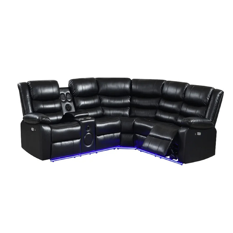 Lizon Power Reclining Sectional With Tech Features, Black Faux Leather