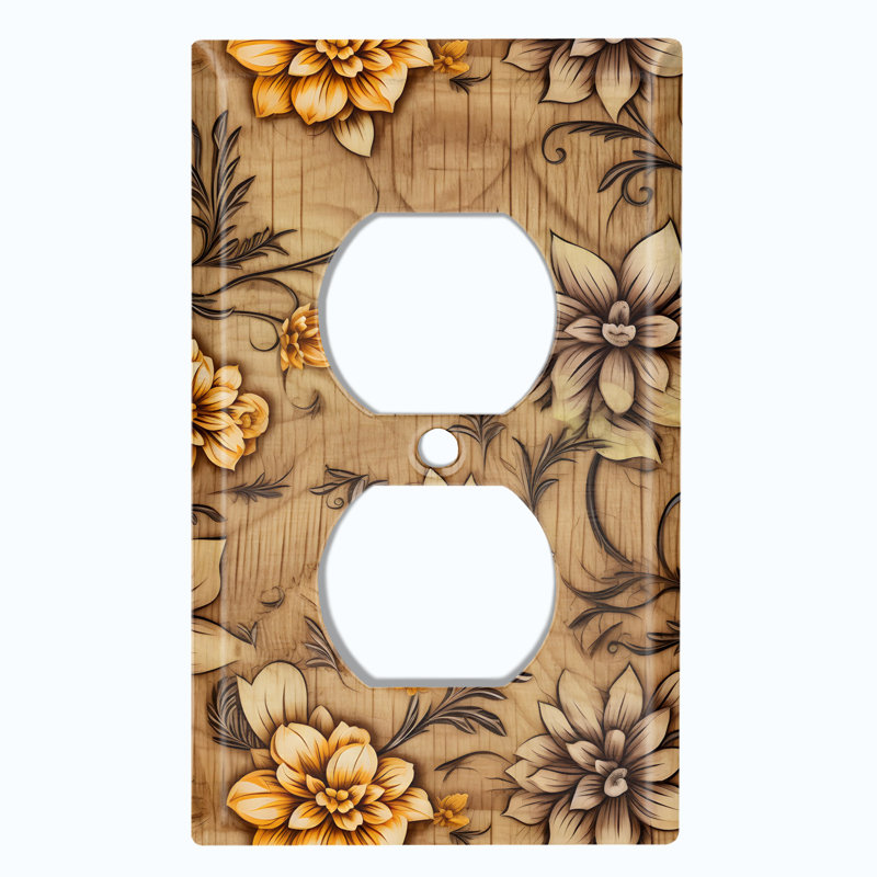 Metal Light Switch Plate Outlet Cover (Yellow Flower Beige - Single Duplex)