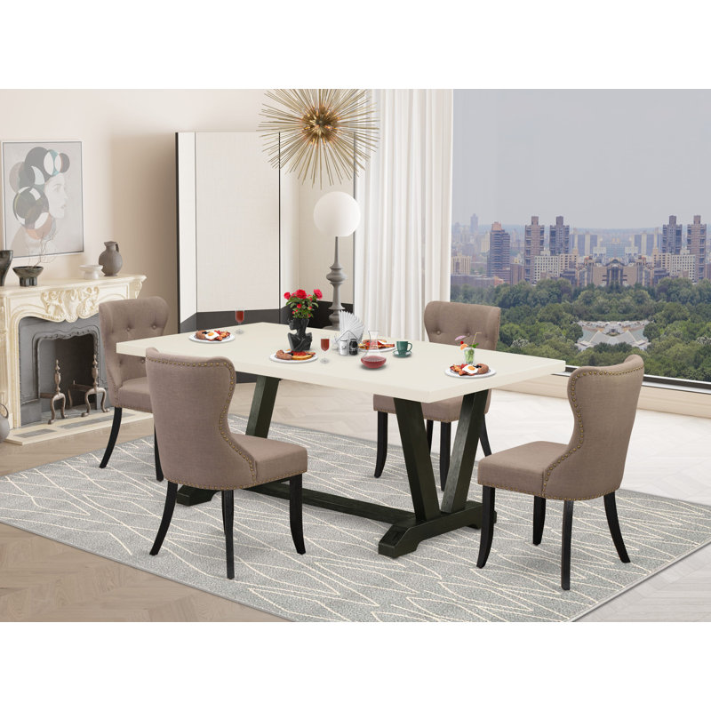 Ensemble de salle à manger 5 pièces avec siège en tissu de lin et dossier capitonné avec chaises et table de salle à manger en lin blanc - Finition noire brossée