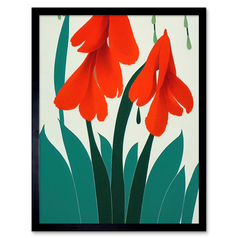 Crimson Red Bloom Wild Flowers Teal Leaves - Single Picture Frame Print