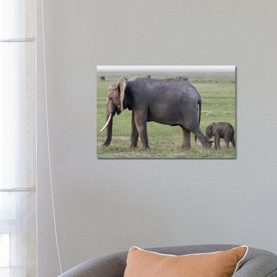 Africa, Kenya, Amboseli National Park. Mother elephant and baby walking. 1 Piece Wrapped Canvas Wall Art