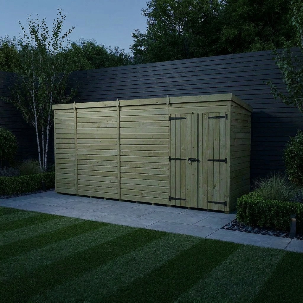 Total Sheds 15ft x 5ft Pent Garden Shed - Double Door - No Windows - Pressure Treated Timber - UK Manufactured