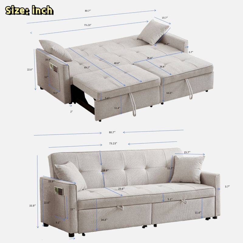 3 In 1 Convertible Sleeper Sofa Bed With Reclining Backrest, Pillows And Side Pockets, Beige