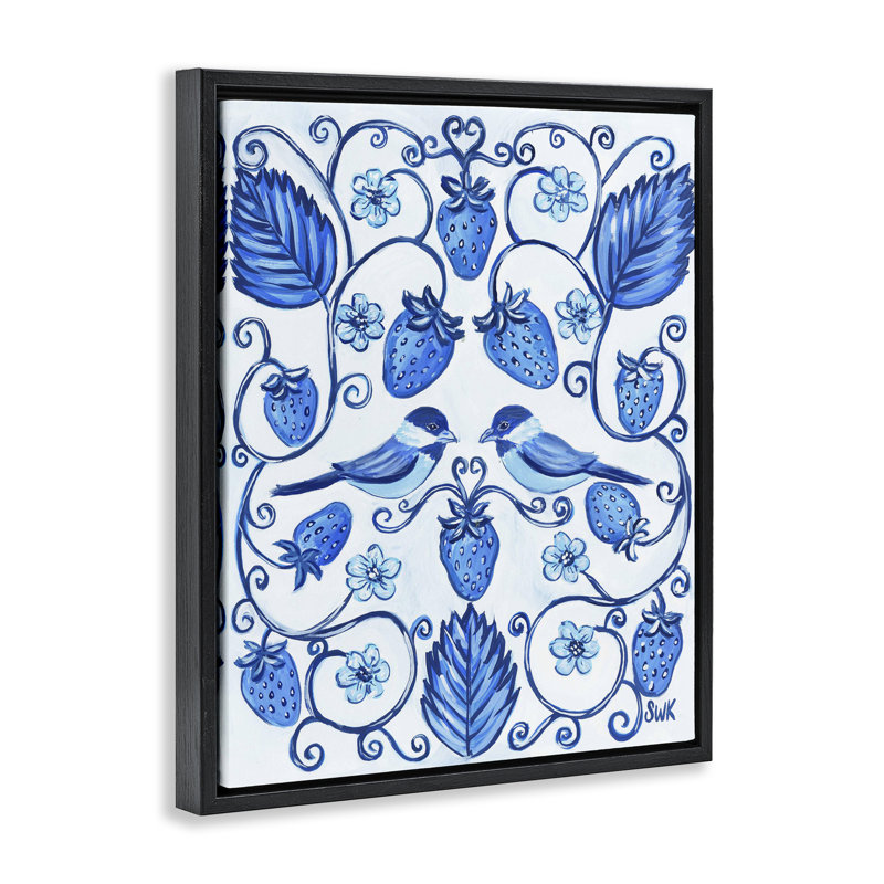 «Strawberry Blue with Birds Floater», art mural par Sarah Waldron Kimball, H 21 po x l 17 po, Cadre flottant noir de jais