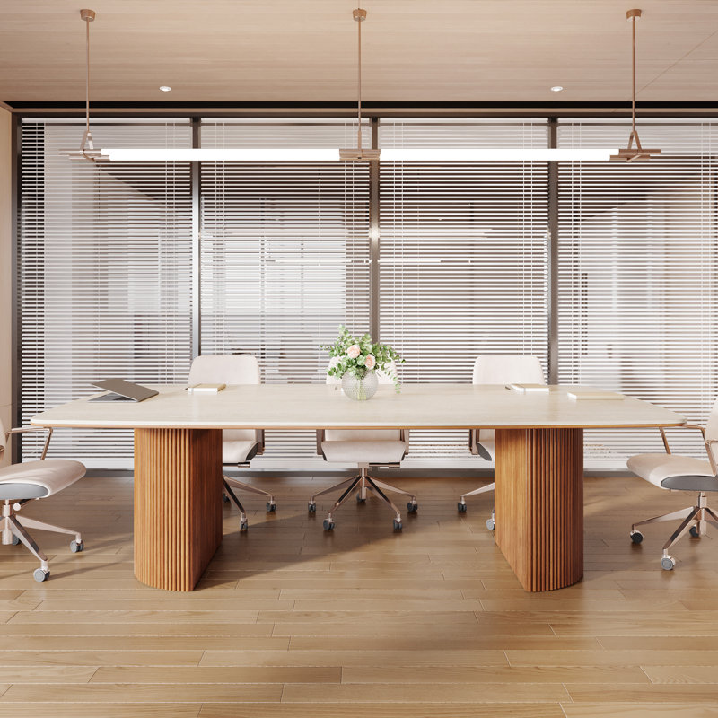 Conference Table With Unique Travertine Slab Top And Semi-Circular Stripe Base