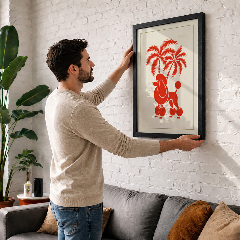 Poodle Under Palms Mid-Century - Framed Print, Unframed, A4 - 29.7 x 21.0 cm