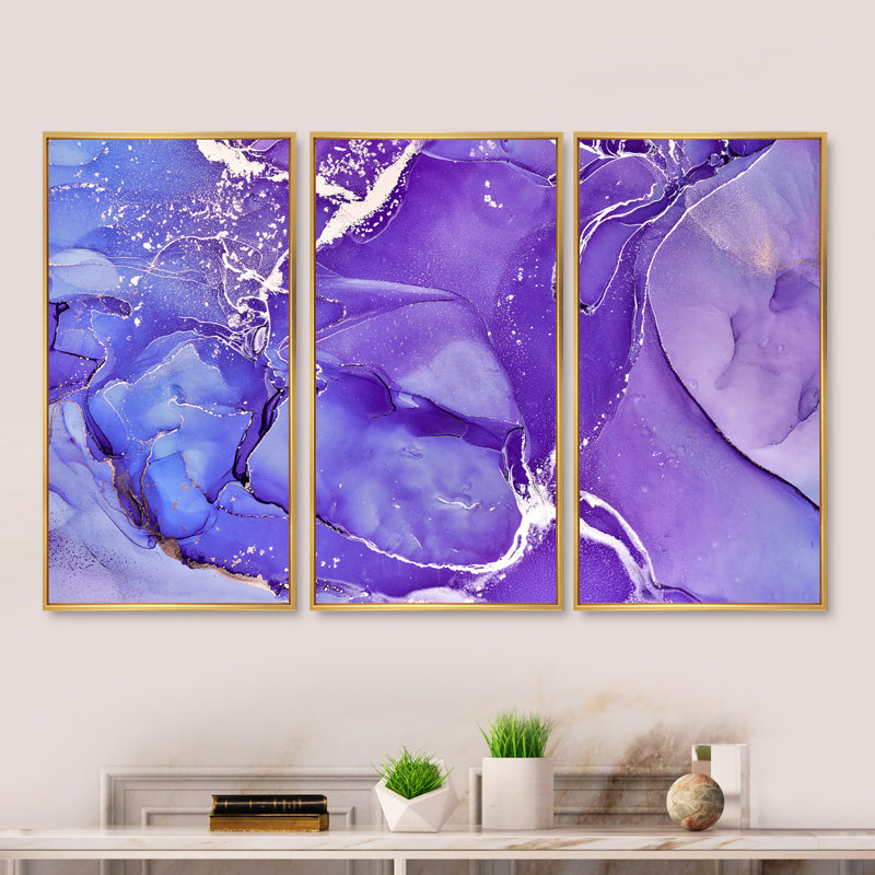 «Mauve et bleu liquide fuchsia», reproduction d'art sur toile 3 pièces, Cadre doré, H 20 po x l 36 po x P 1 po
