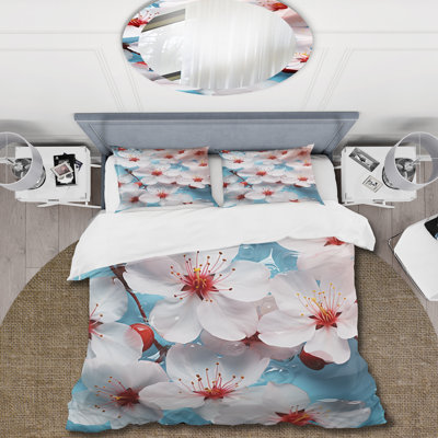 White And Blue Cherry Blossoms Flow II - Tree Cherry Blossom Duvet Cover Set