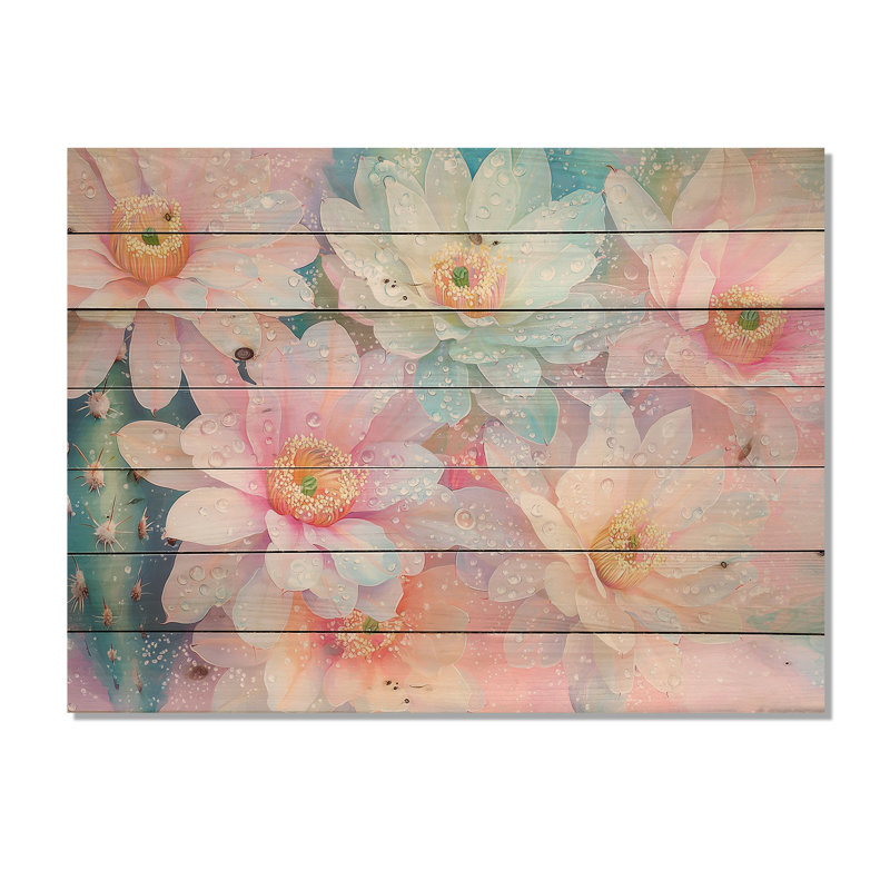 «Morning Dew» de fleurs de cactus de couleur pastel I - impression traditionnelle en bois rose sur bois de pin naturel