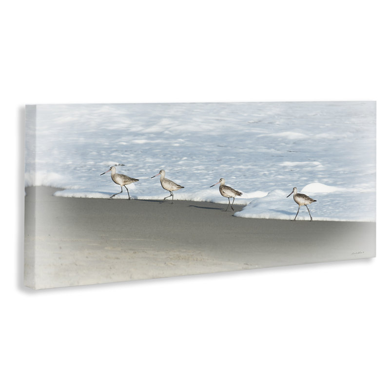 «Four Sandpipers on Beach», art mural sur toile par Rhonda Addison, H 13 po x l 30 po