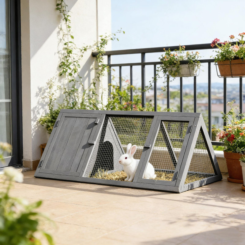 Stable Wooden Triangle Rabbit Hutch With Dual-Zone Design