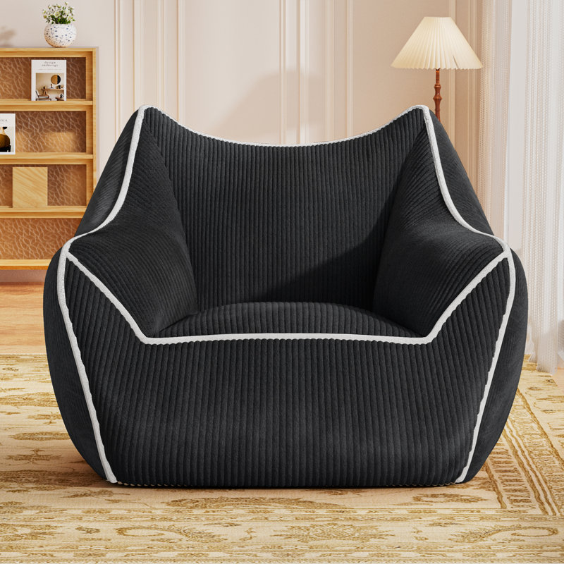 Bean Bag Chair for Adults with Corduroy Fabric and Foam Filled, Black, Black Cotton