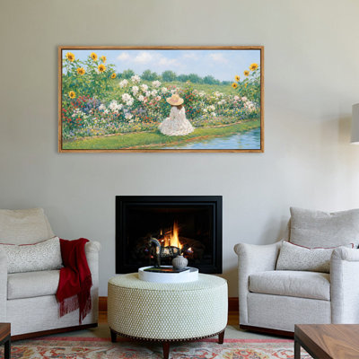 Girl Reading in Summer Garden Framed Canvas Wall Art, Nature Scenic Panorama Artwork for Living Room, Bedroom and Office
