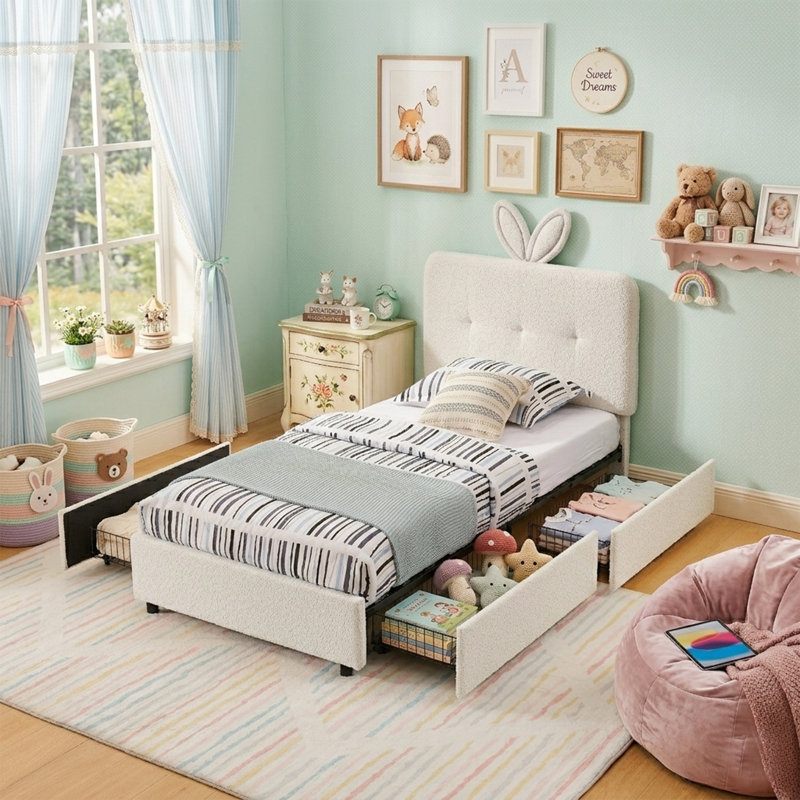 Lit plateforme tapissier Kids, Beige, Lit simple