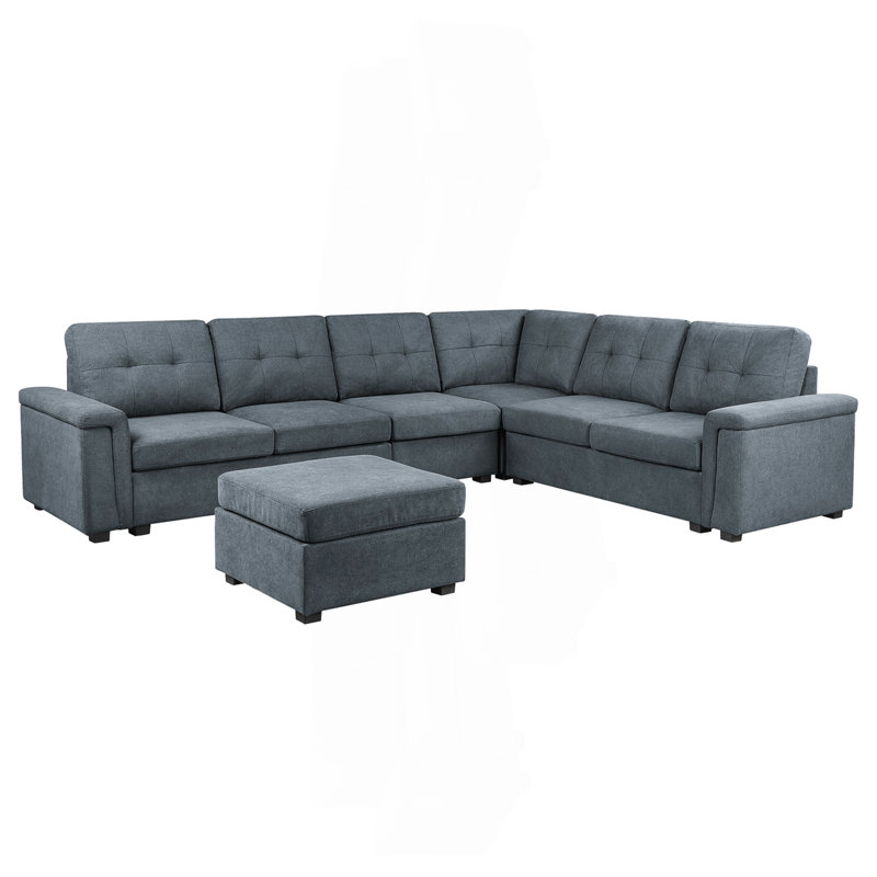 119" Grey Woven Fabric 7-Seater Sectional Sofa With Ottoman